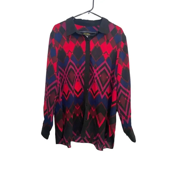 NWT Bob Mackie Red Geometric Long Sleeve Button-Down Top Size XL - Picture 1 of 4